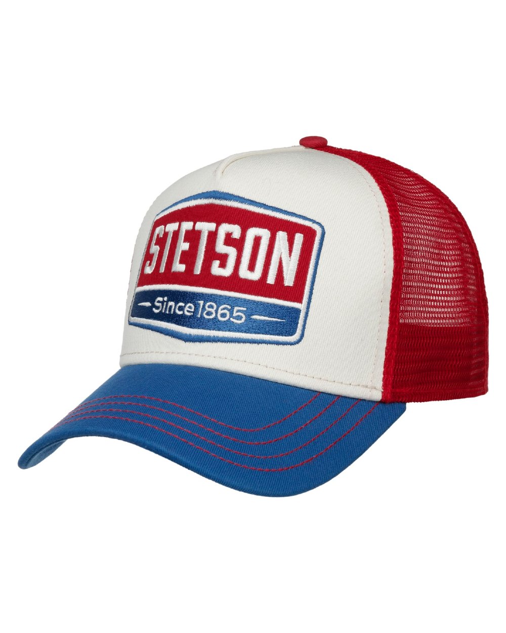 Blue White coloured Stetson Highway Trucker Cap on white background 