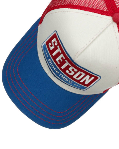 Blue White coloured Stetson Highway Trucker Cap on white background 