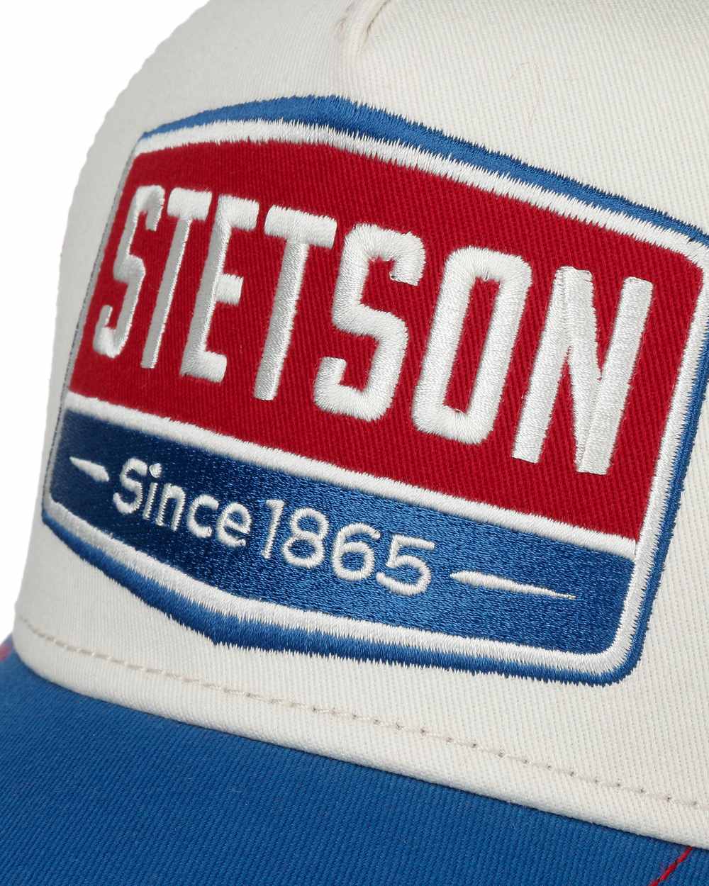 Blue White coloured Stetson Highway Trucker Cap on white background 