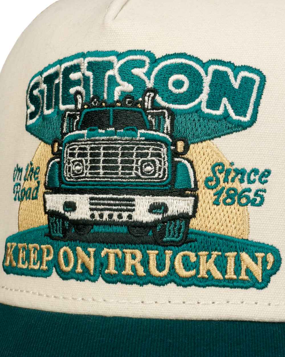 Dark Green coloured Stetson Keep On Trucking Trucker Cap on white background 