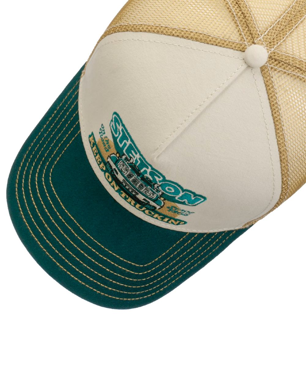 Dark Green coloured Stetson Keep On Trucking Trucker Cap on white background 