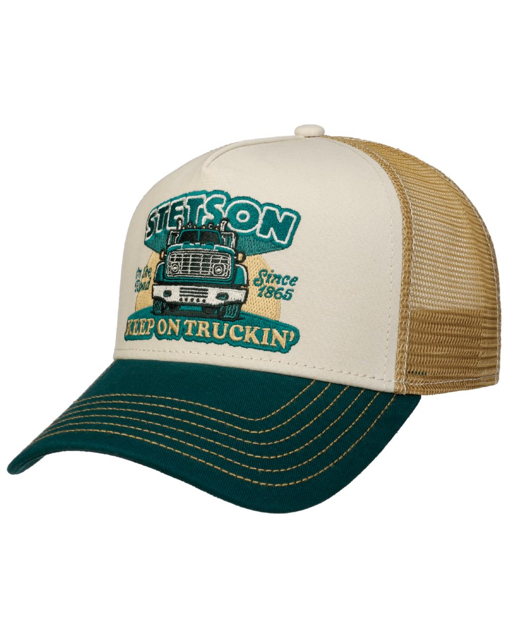 Dark Green coloured Stetson Keep On Trucking Trucker Cap on white background 