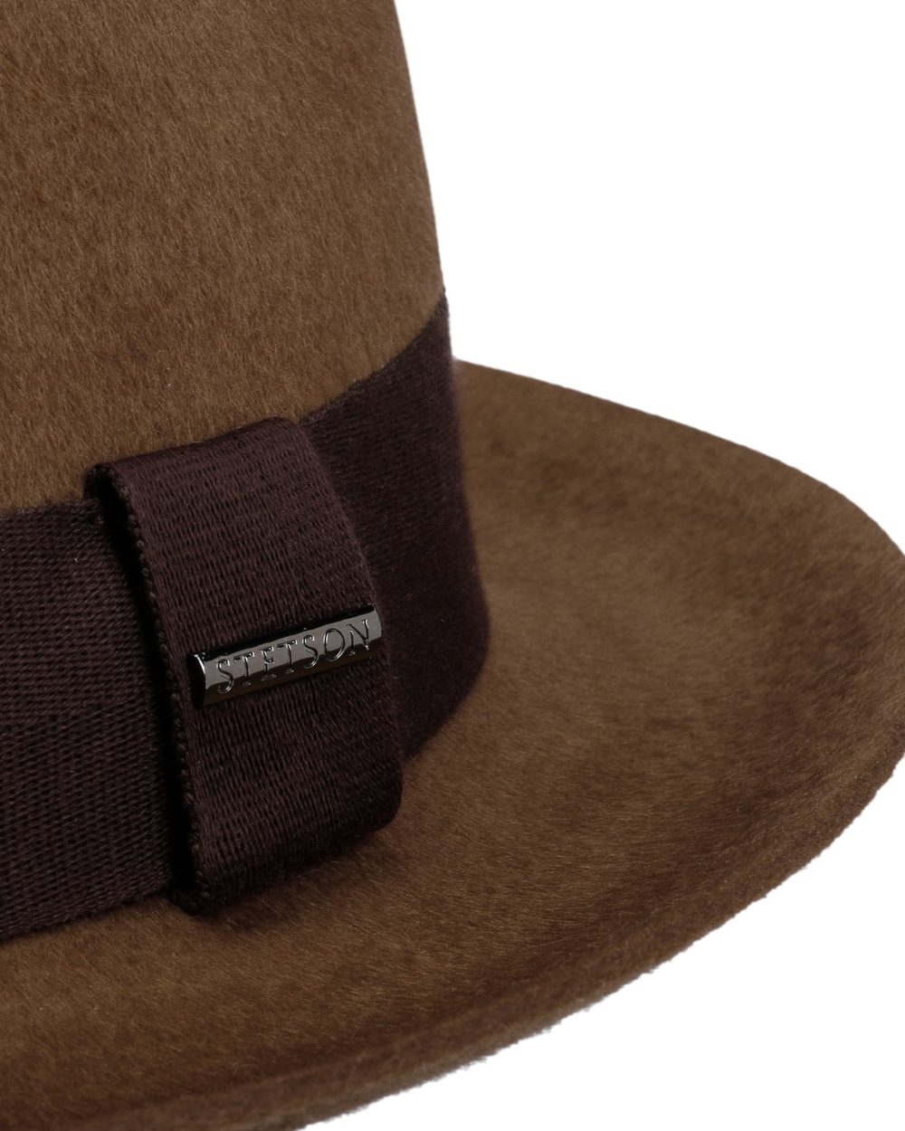 Chestnut coloured Stetson Lenberg Fedora Wool Hat on white background 