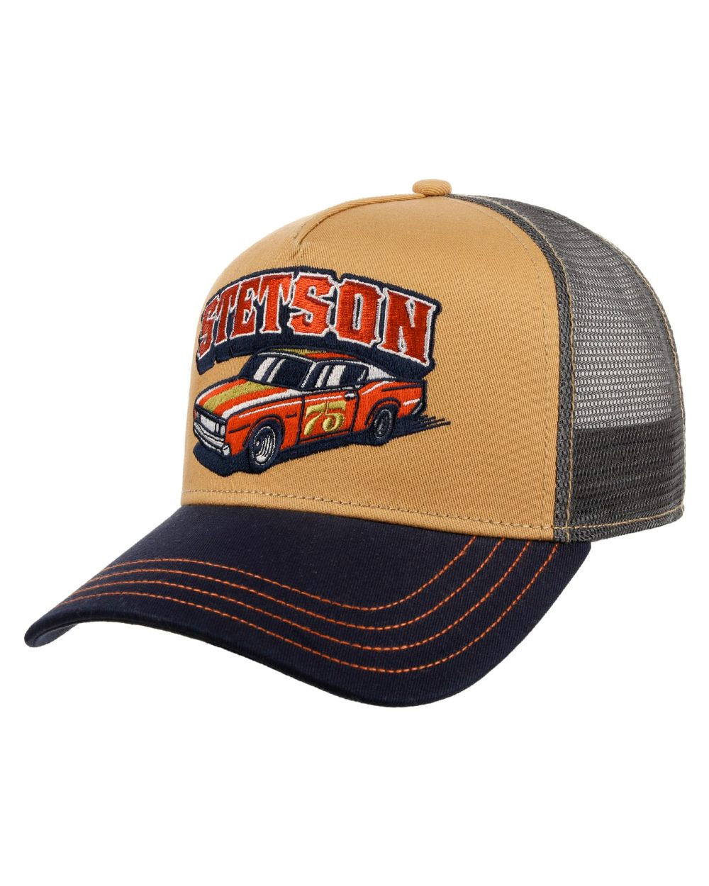 Navy Ochre coloured Stetson Muscle Car 75 Trucker Cap on white background 
