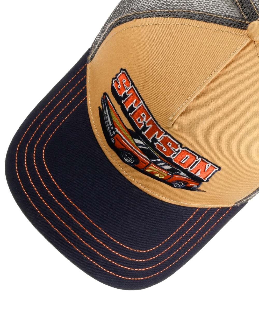 Navy Ochre coloured Stetson Muscle Car 75 Trucker Cap on white background 