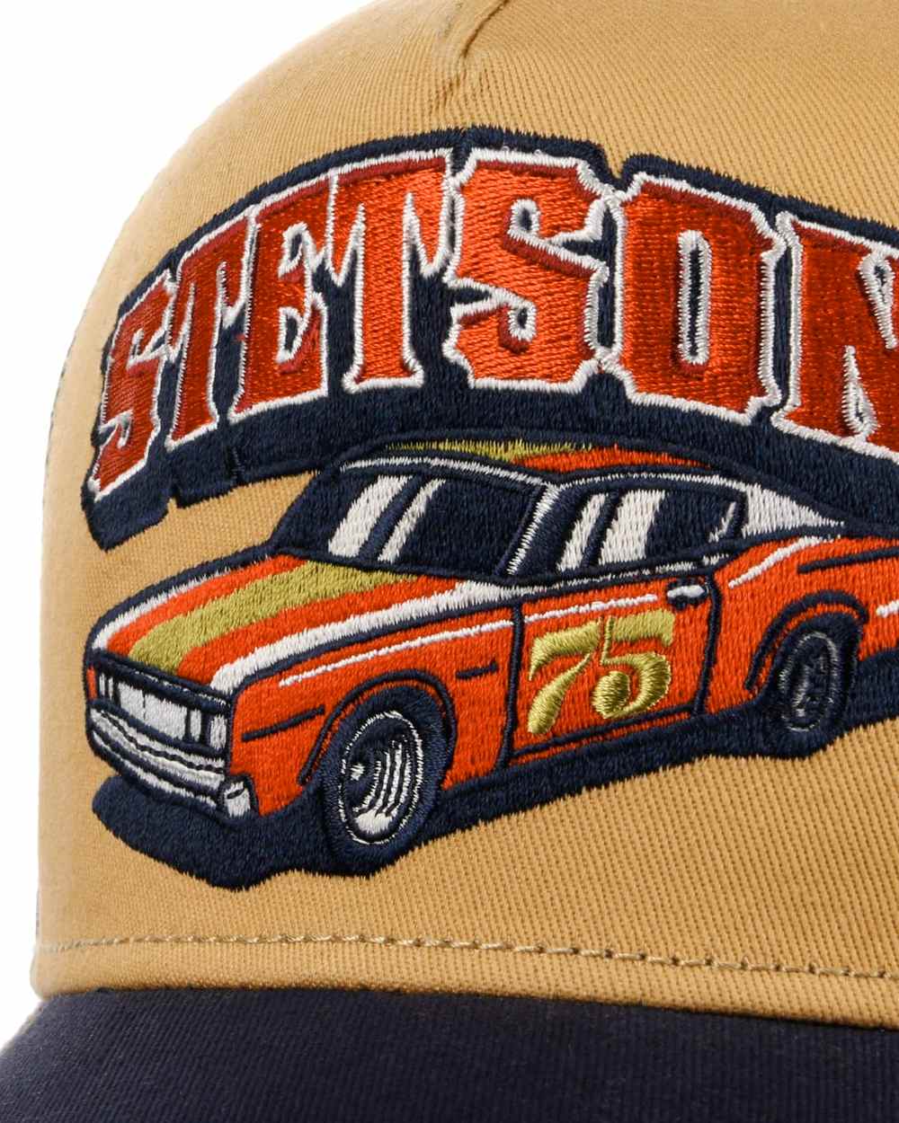 Navy Ochre coloured Stetson Muscle Car 75 Trucker Cap on white background 