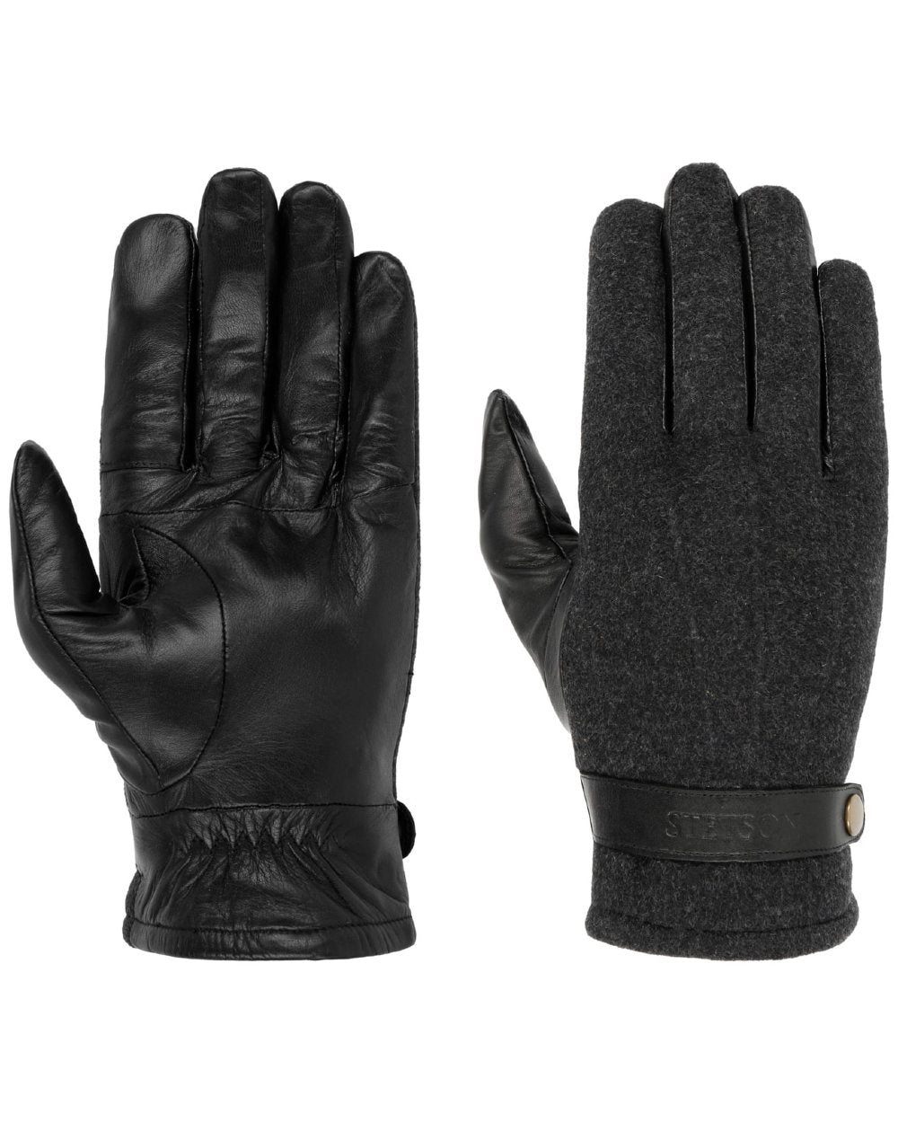 Anthracite Black coloured Stetson Nappa Wool Full-Fingered Gloves on white background 