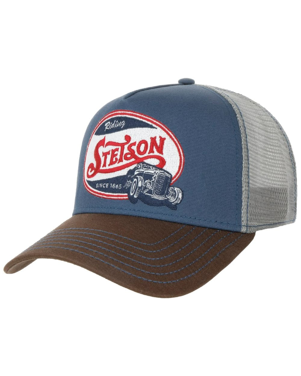 Brown Blue coloured Stetson Riding Hot Rod Trucker Cap on White background 