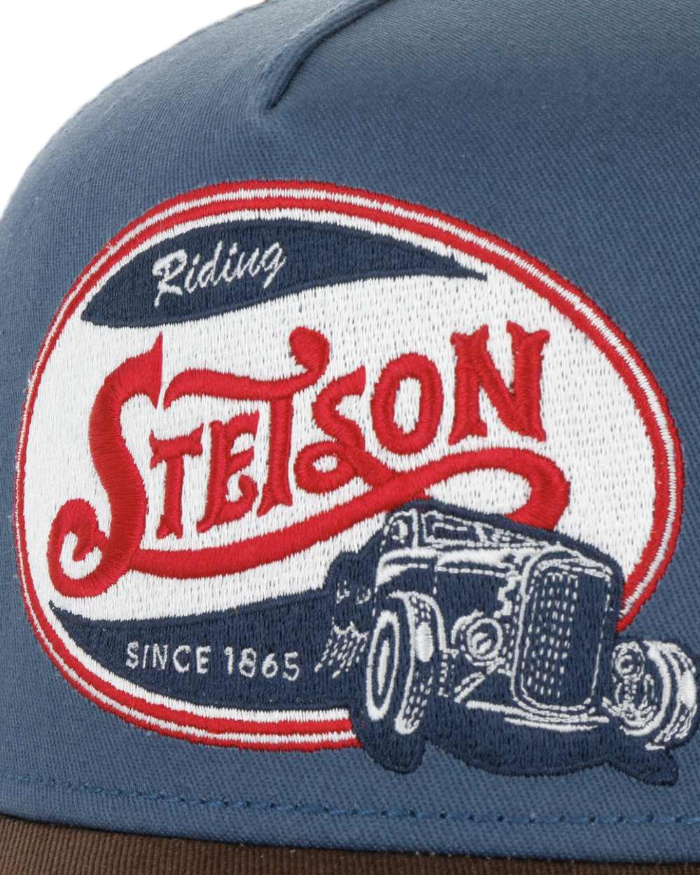 Brown Blue coloured Stetson Riding Hot Rod Trucker Cap on White background 