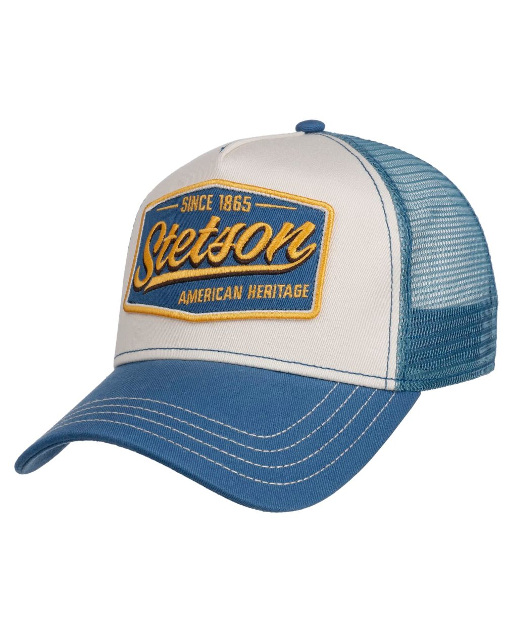 Blue Off White coloured Stetson Since 1865 Vintage Trucker Cap on white background 