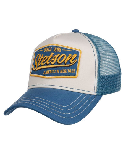 Blue Off White coloured Stetson Since 1865 Vintage Trucker Cap on white background 
