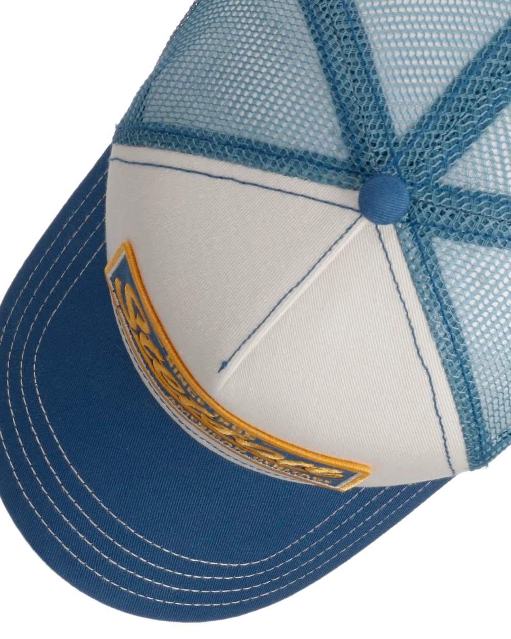 Blue Off White coloured Stetson Since 1865 Vintage Trucker Cap on white background 
