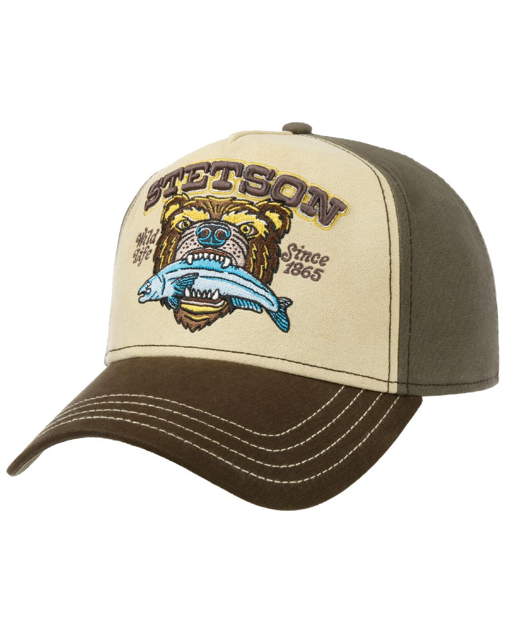 Beige Brown coloured Stetson Wild Life Since 1865 Trucker Cap on white background 