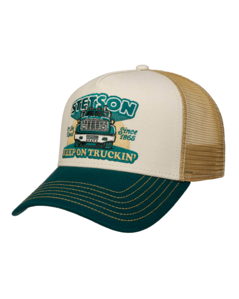 Green/Sand coloured Stetson Keep on Trucking Trucker Cap on White background 