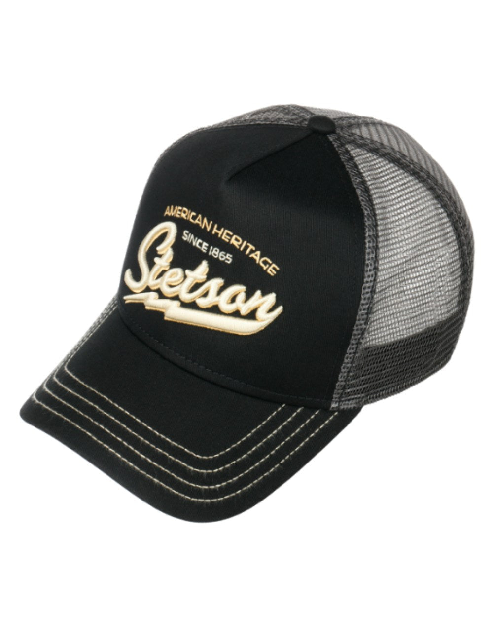 Classic Black coloured Stetson American Heritage Classic Black Trucker Cap on White background 