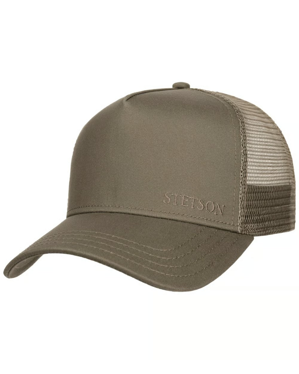 Olive coloured Stetson Classic Cotton Trucker Cap on white background 