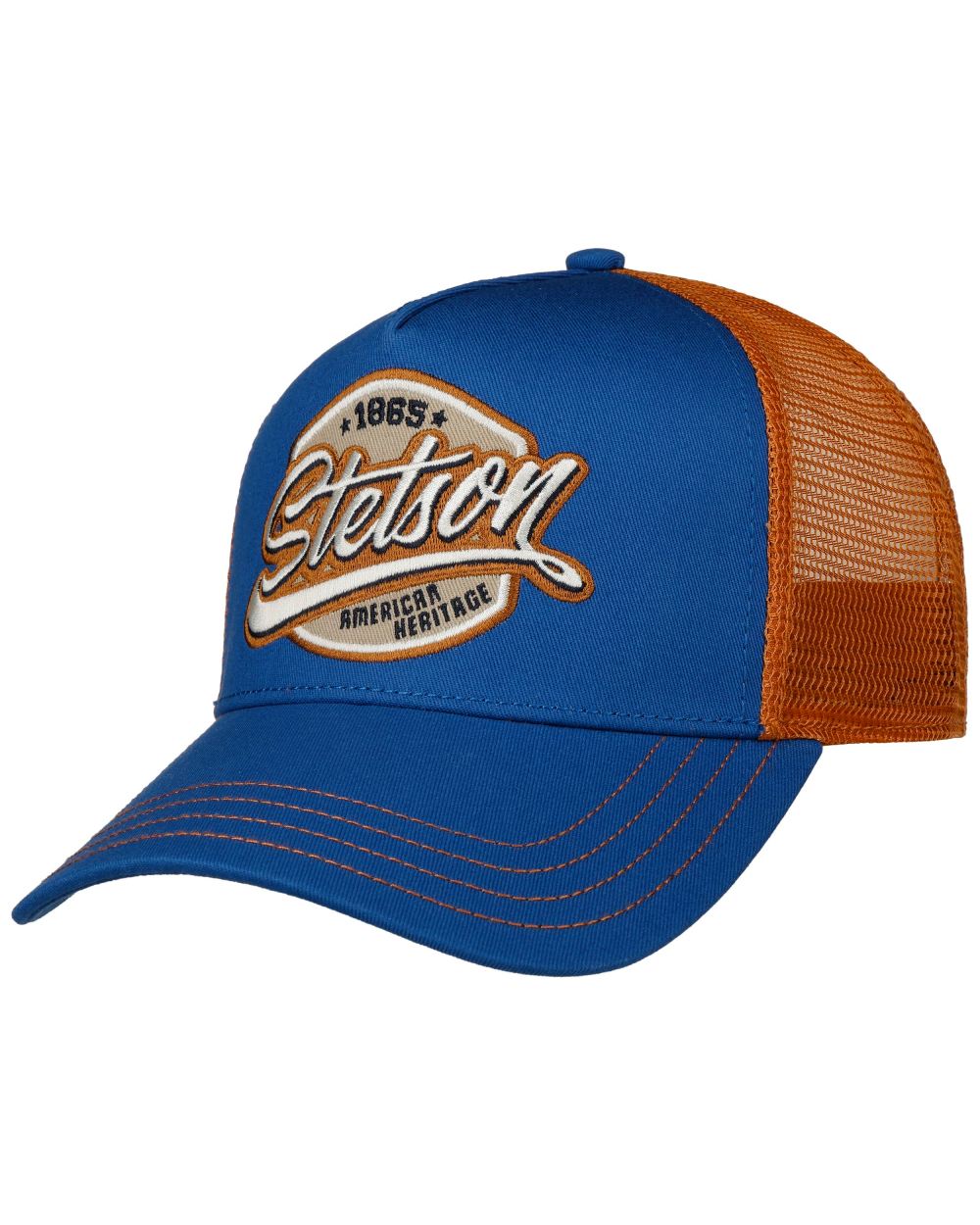 Royal Blue coloured Stetson Classic Patch Trucker Cap on white background 