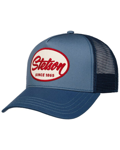 Blue coloured Stetson Engine Trucker Cap on white background 