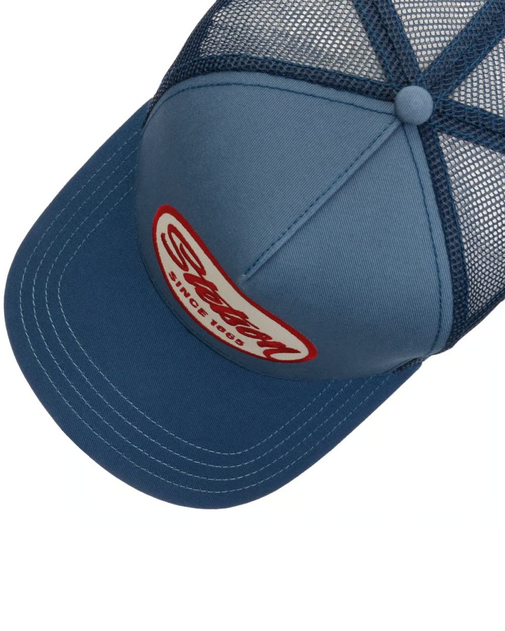 Blue coloured Stetson Engine Trucker Cap on white background 