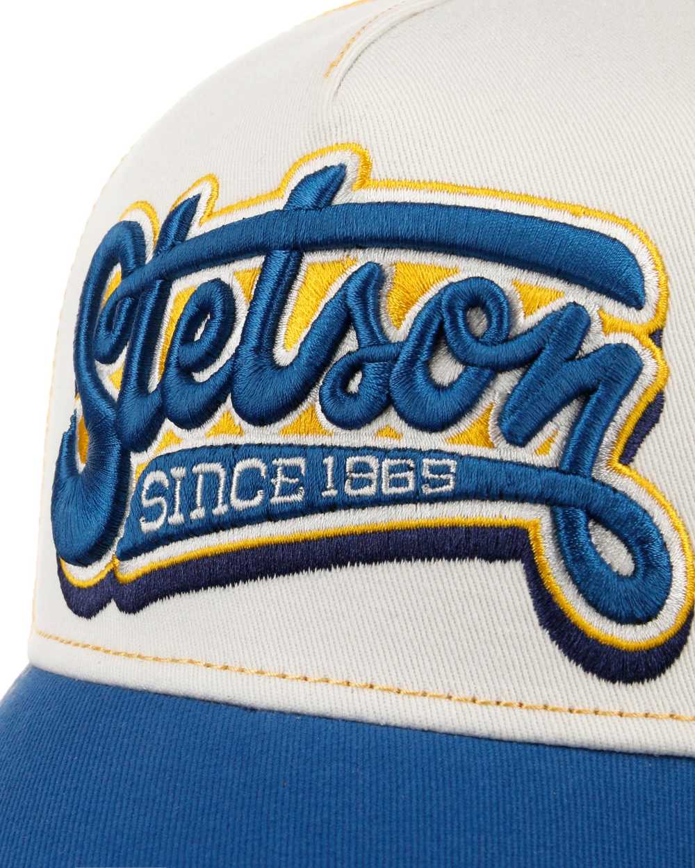 Blue White coloured Stetson Lettering Trucker Cap on white background 