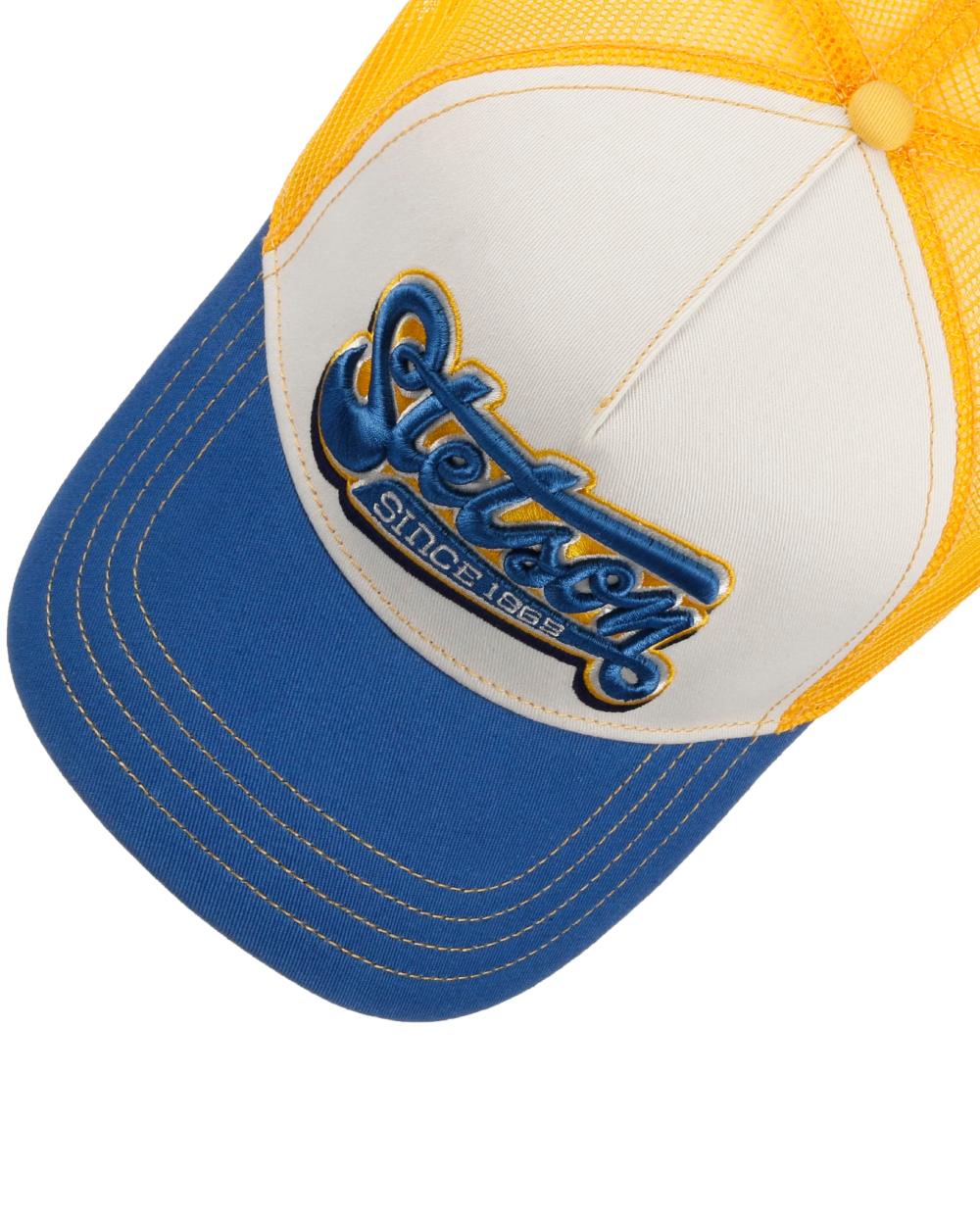 Blue White coloured Stetson Lettering Trucker Cap on white background 