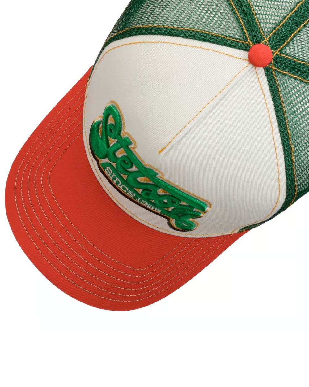 Red Offwhite coloured Stetson Lettering Trucker Cap on white background 