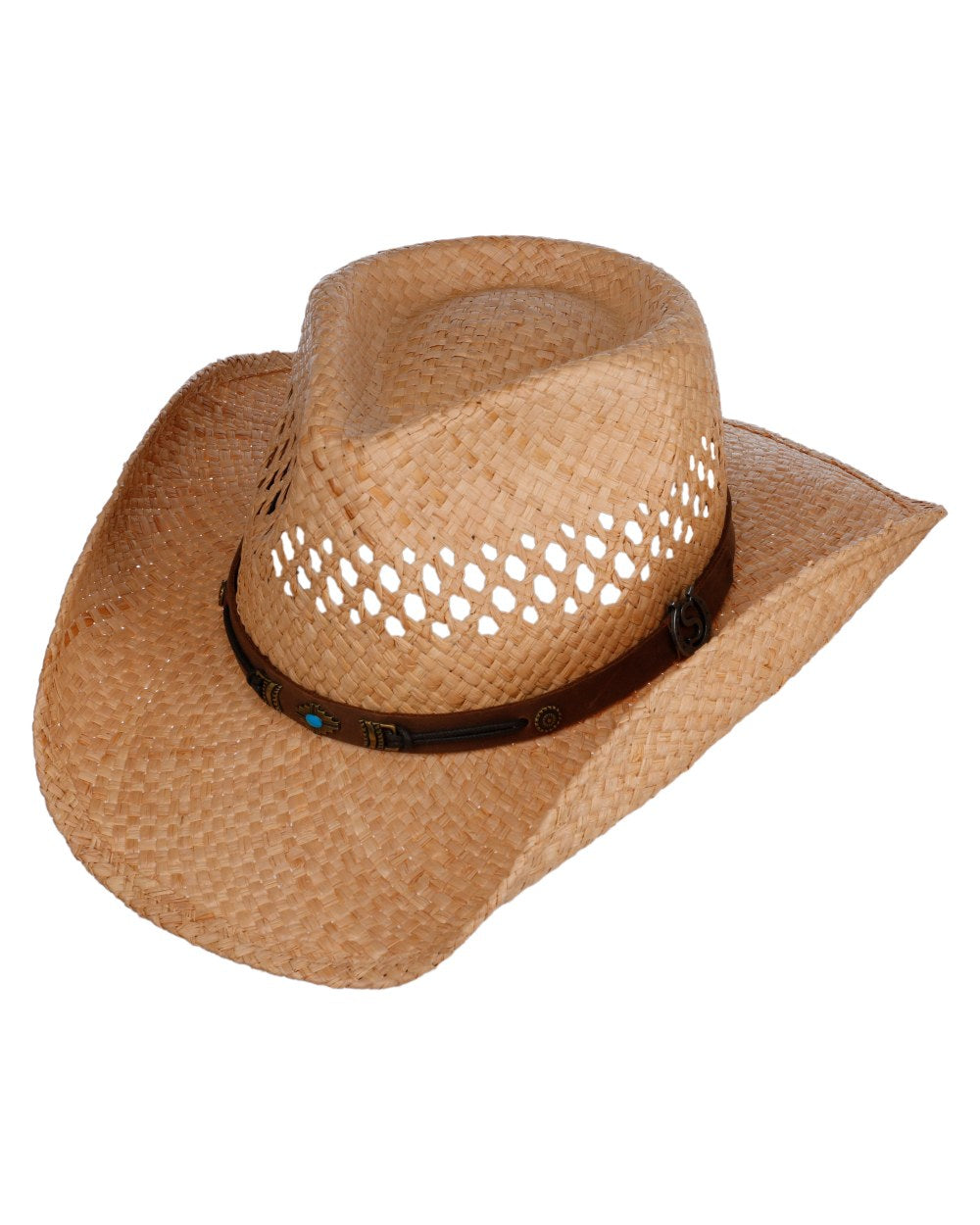 Natural coloured Stetson Rifterson Western Raffia Hat on white background 