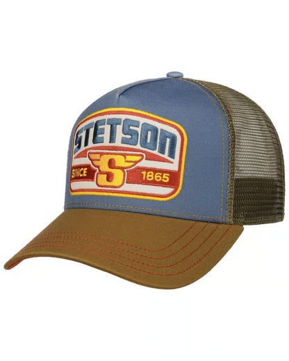 Brown Blue coloured Stetson S Wing Trucker Cap on white background 