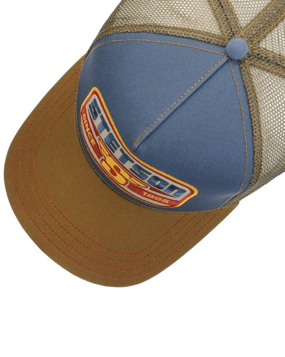 Brown Blue coloured Stetson S Wing Trucker Cap on white background 