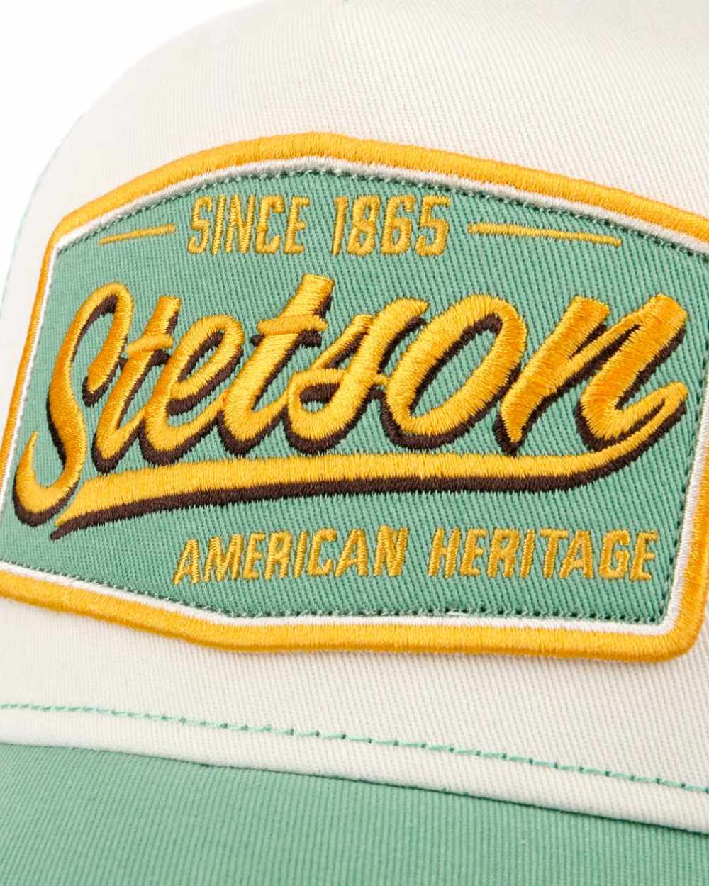 Mint Off White coloured Stetson Since 1865 Vintage Trucker Cap on white background 