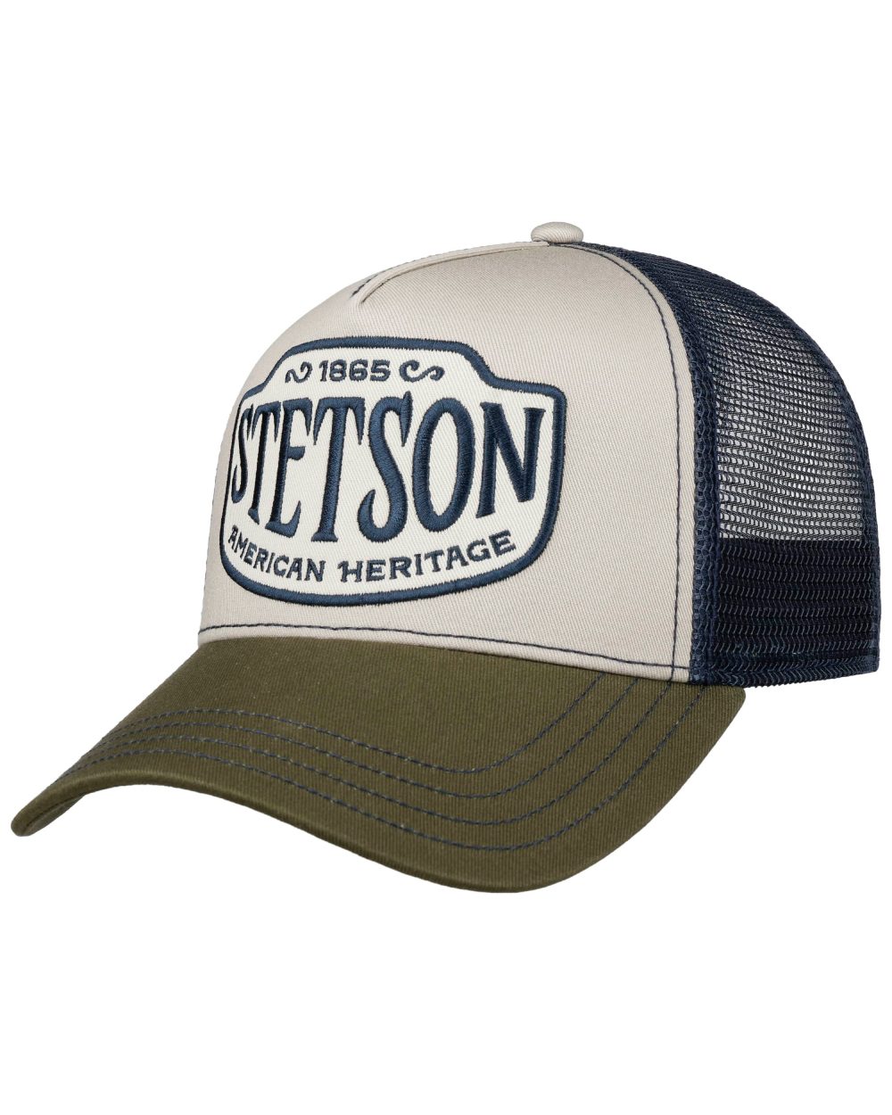Olive Offwhite coloured Stetson Western Patch Trucker cap on white background 