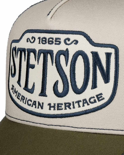 Olive Offwhite coloured Stetson Western Patch Trucker cap on white background 