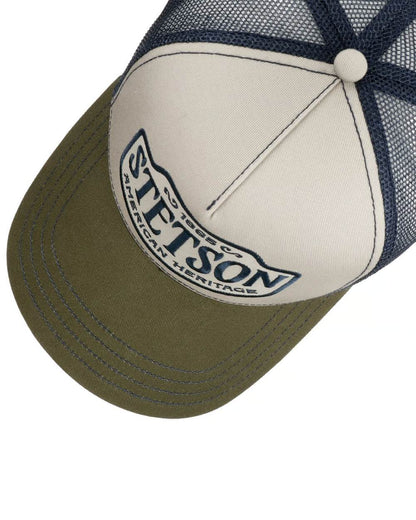 Olive Offwhite coloured Stetson Western Patch Trucker cap on white background 