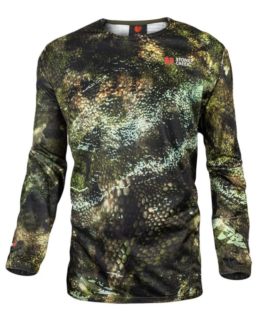 Camo Forest coloured Stoney Creek Mens Ice-Dry Long Sleeve Top on white background 