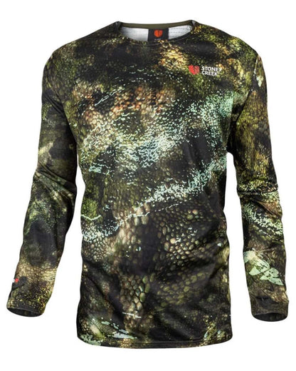 Camo Forest coloured Stoney Creek Mens Ice-Dry Long Sleeve Top on white background 