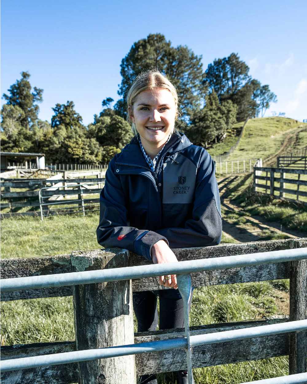 Navy Black Coloured  Stoney Creek Womens Station Jacket on Green Pasture Background 