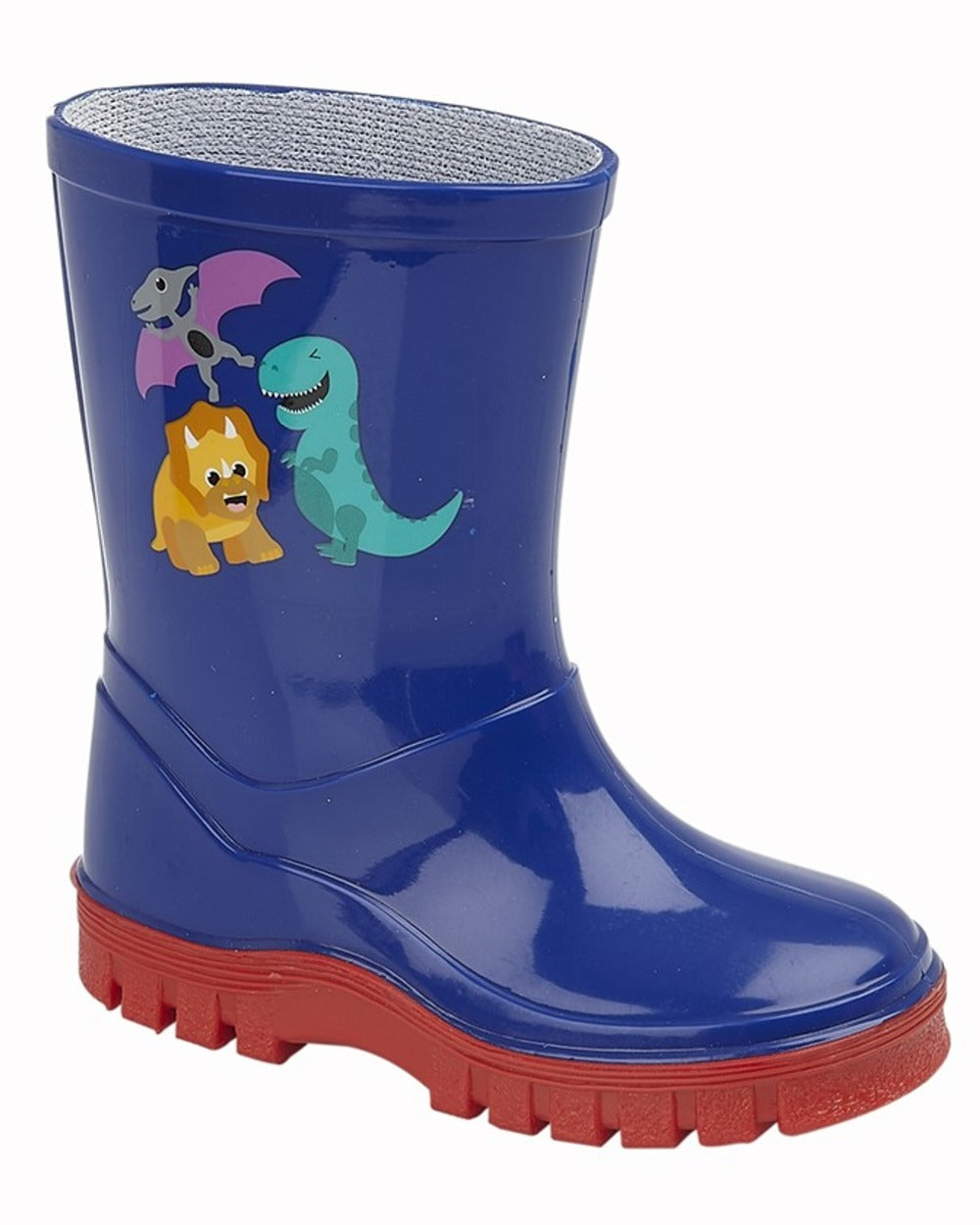 Navy coloured Stormwells Childrens Dinosaur Wellington Boots on white background 