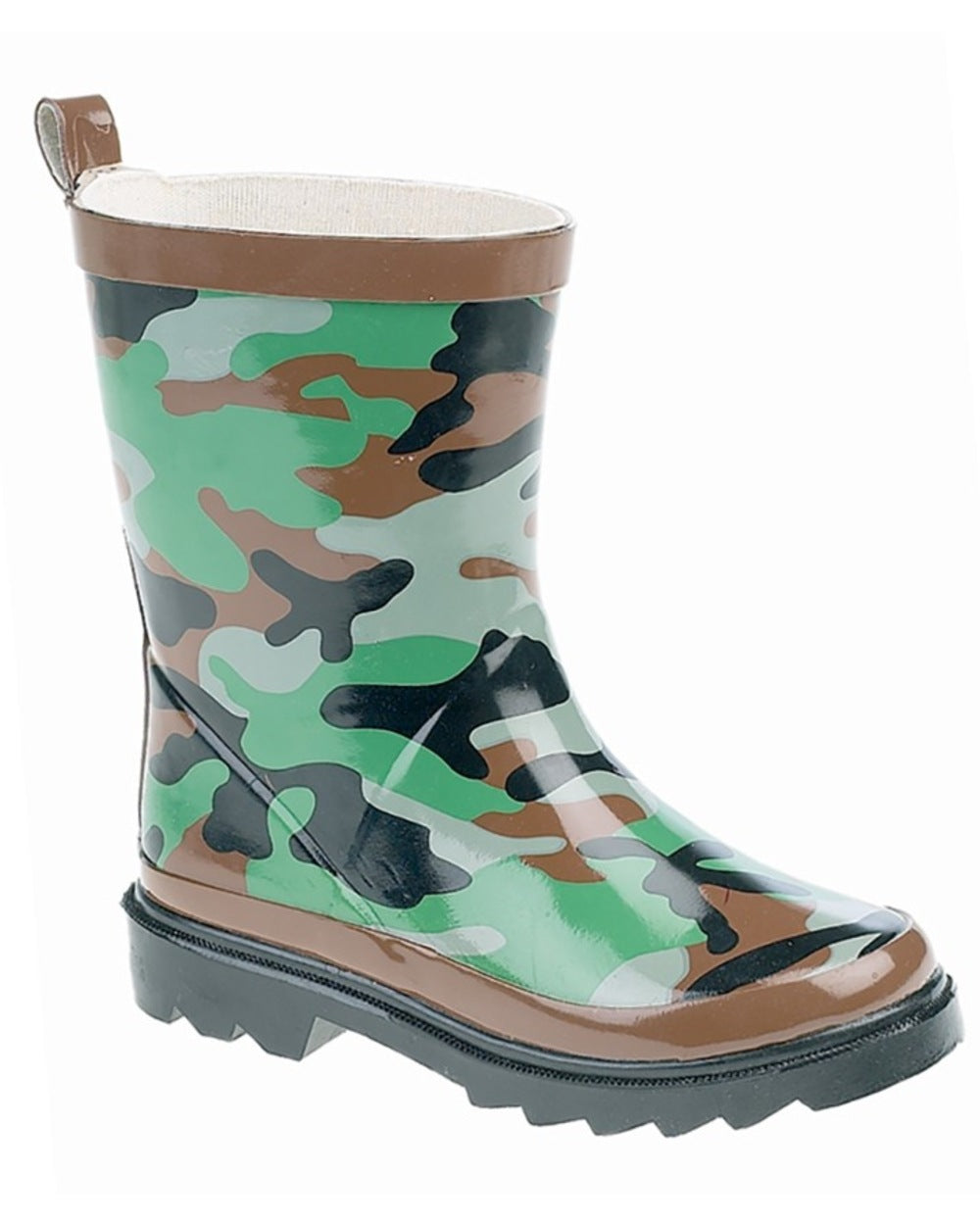 Green Brown Black coloured Stormwells Childrens Camouflage Print Wellington Boots on white background 