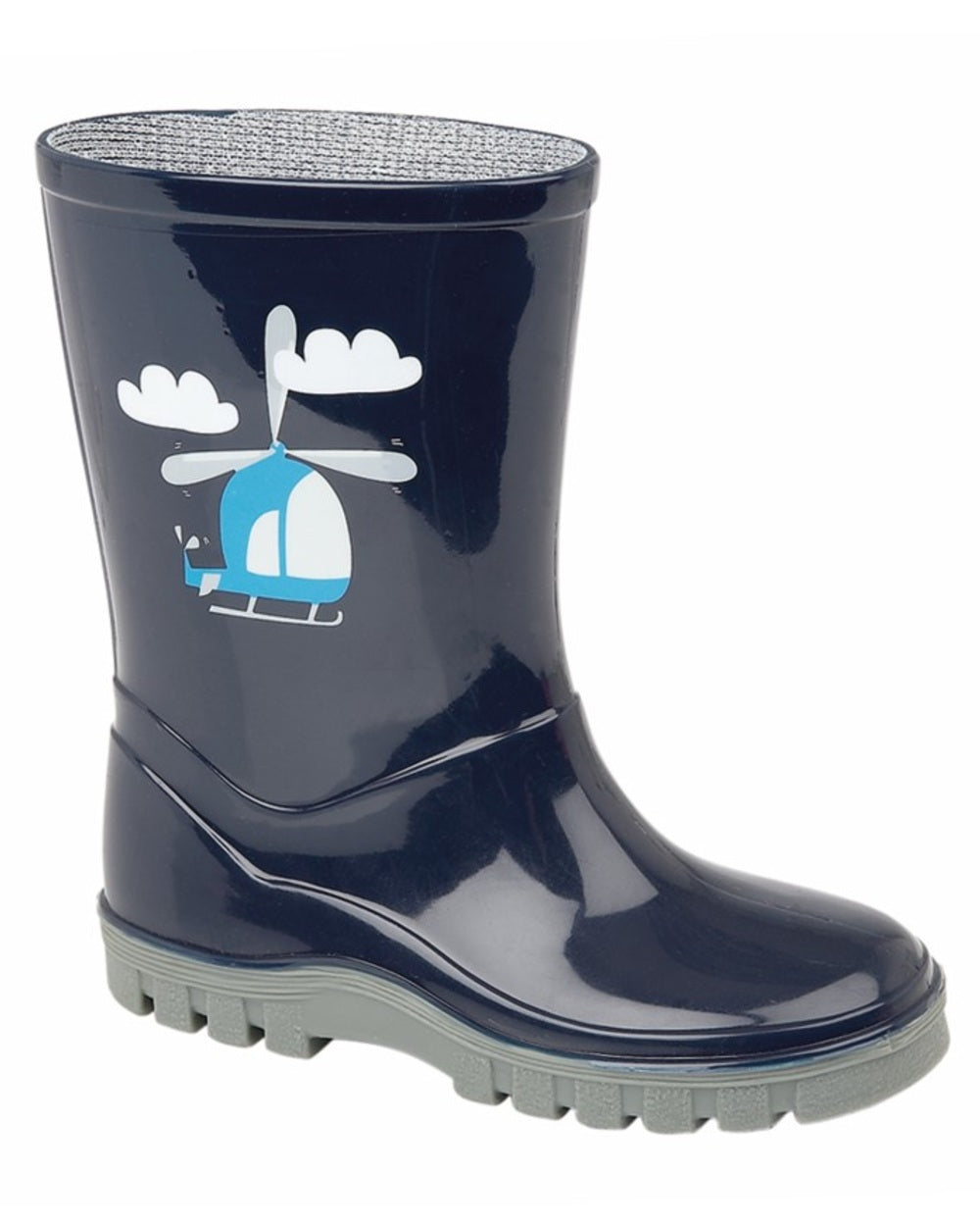Navy Blue Grey coloured Stormwells Childrens Helicopter Wellington Boots on white background 