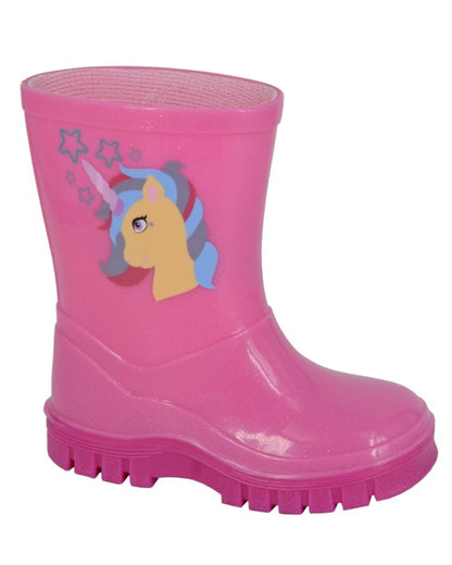 Pink Sparkle coloured Stormwells Childrens Unicorn Sparkle Wellington Boots on white background 