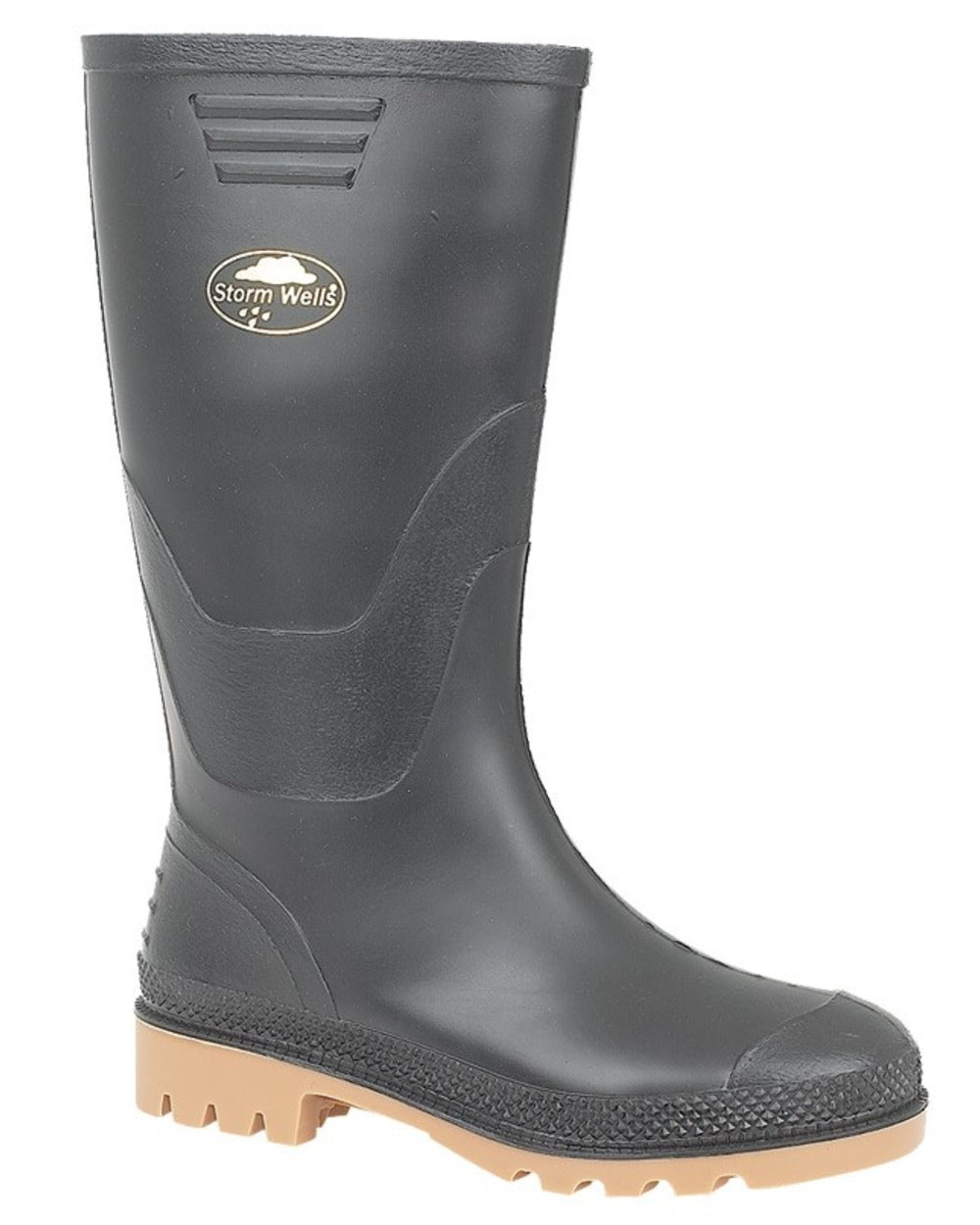 Black coloured Stormwells Junior Wellington Boots on white background 