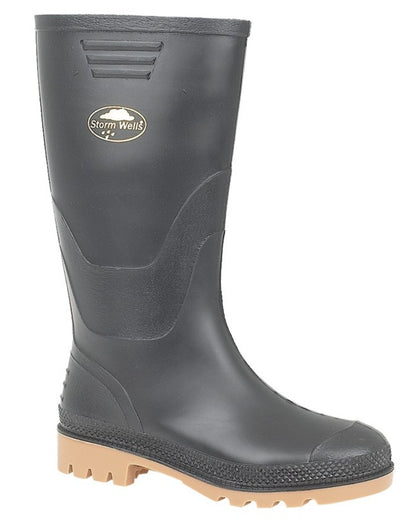 Black coloured Stormwells Junior Wellington Boots on white background 