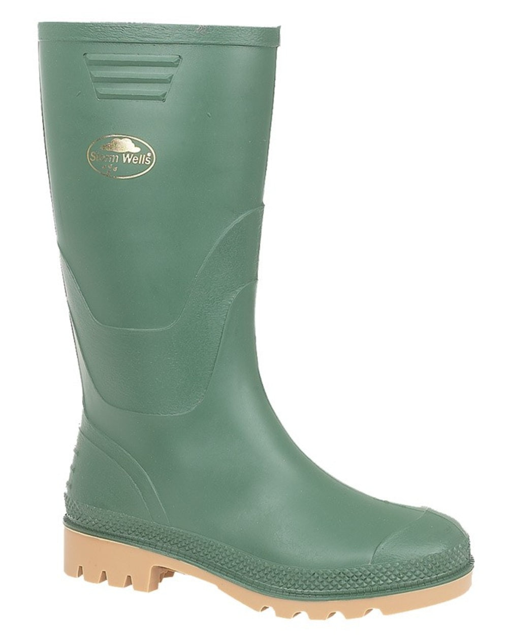 Green coloured Stormwells Junior Wellington Boots on white background 