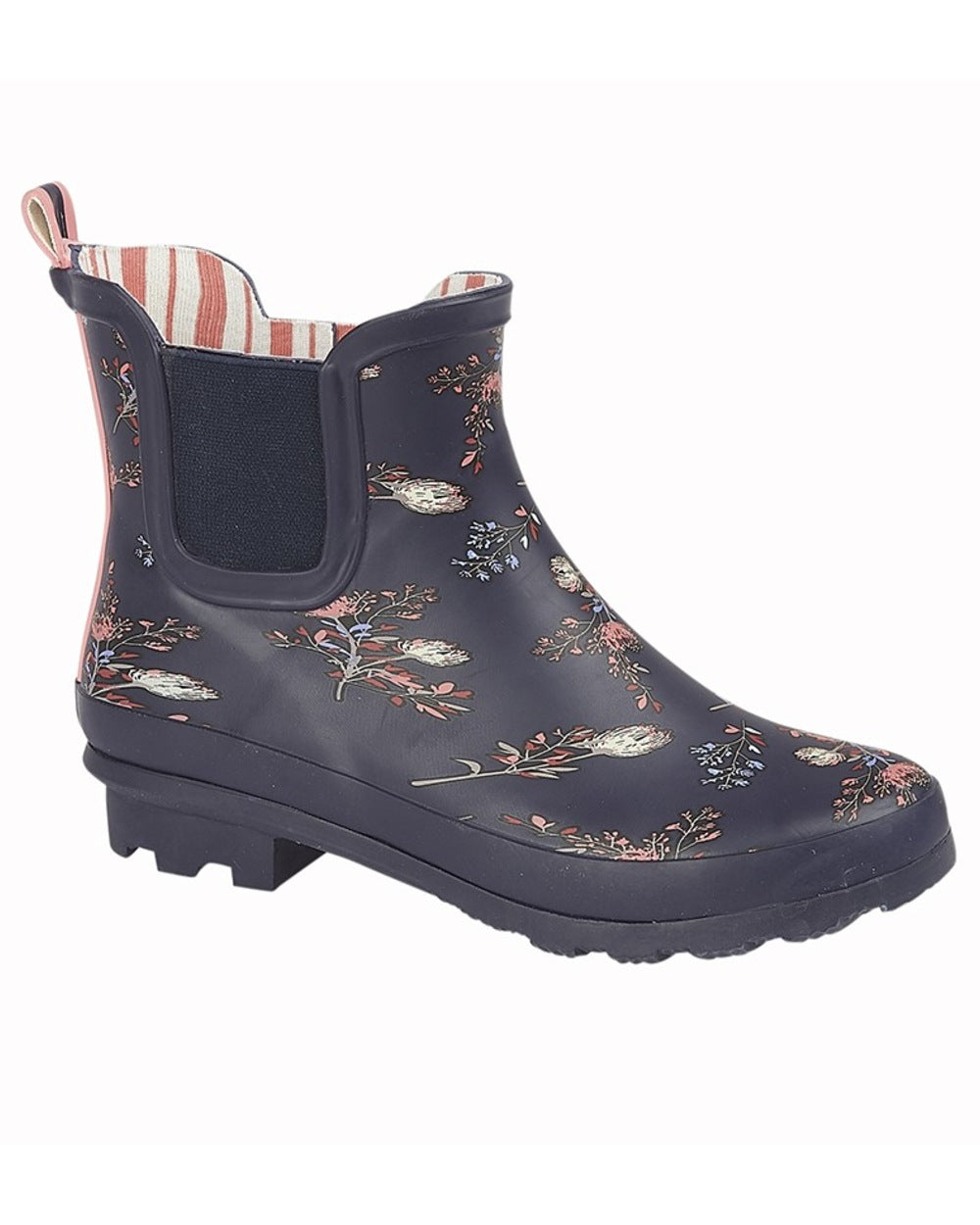 Navy Floral Print coloured Stormwells Womens Floral Printed Wellington Boots on white background 