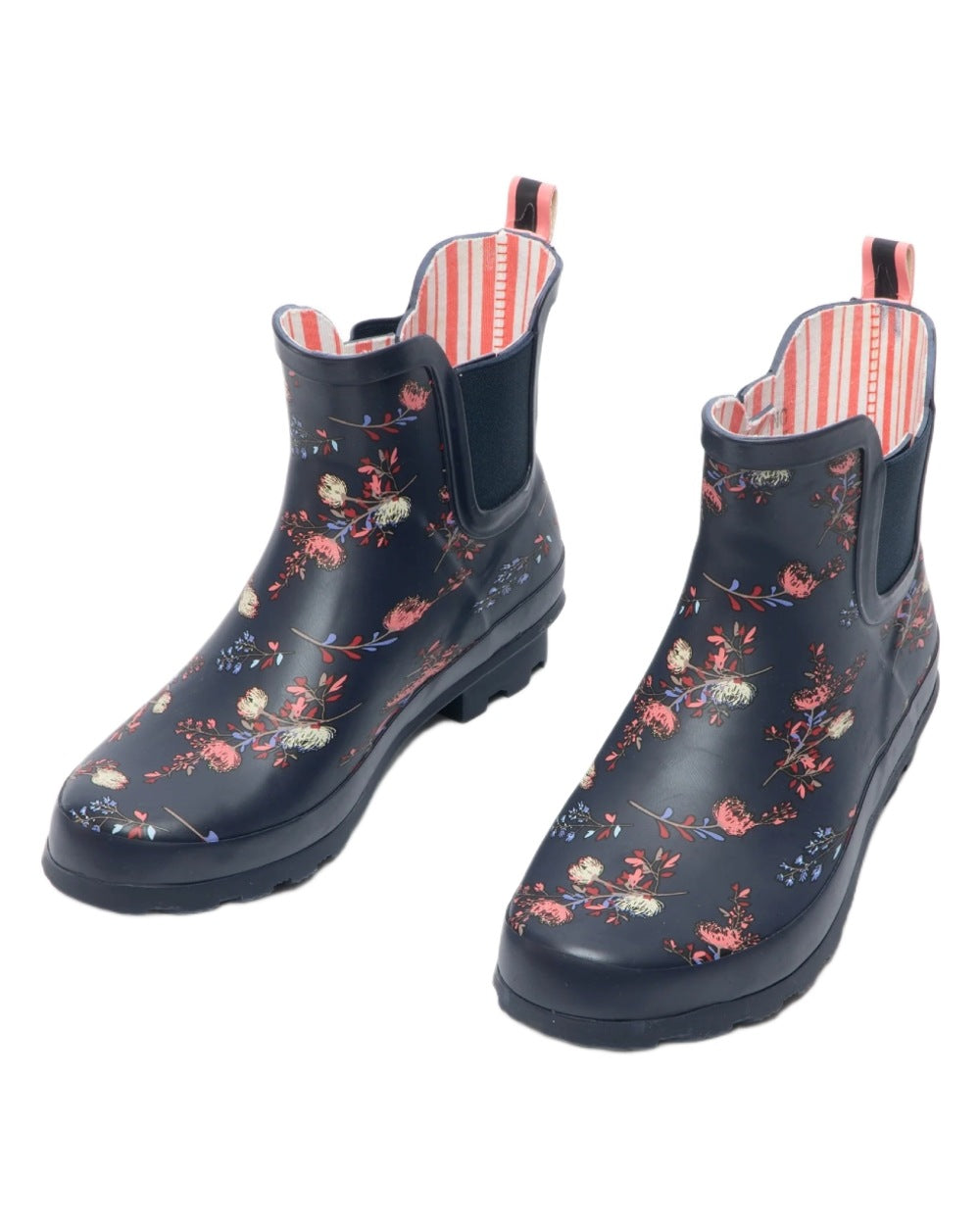 Navy Floral Print coloured Stormwells Womens Floral Printed Wellington Boots on white background 