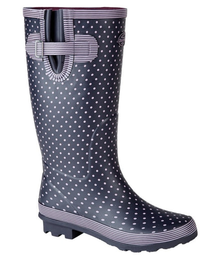 Mauve Navy coloured Stormwells Womens Polka Dot Printed Wellington Boots on white background 