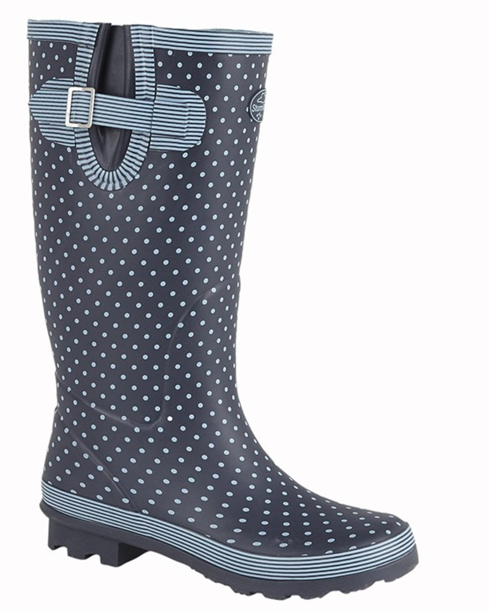 Pale Blue Navy coloured Stormwells Womens Polka Dot Strap V-Gusset Wellington Boots on white background 