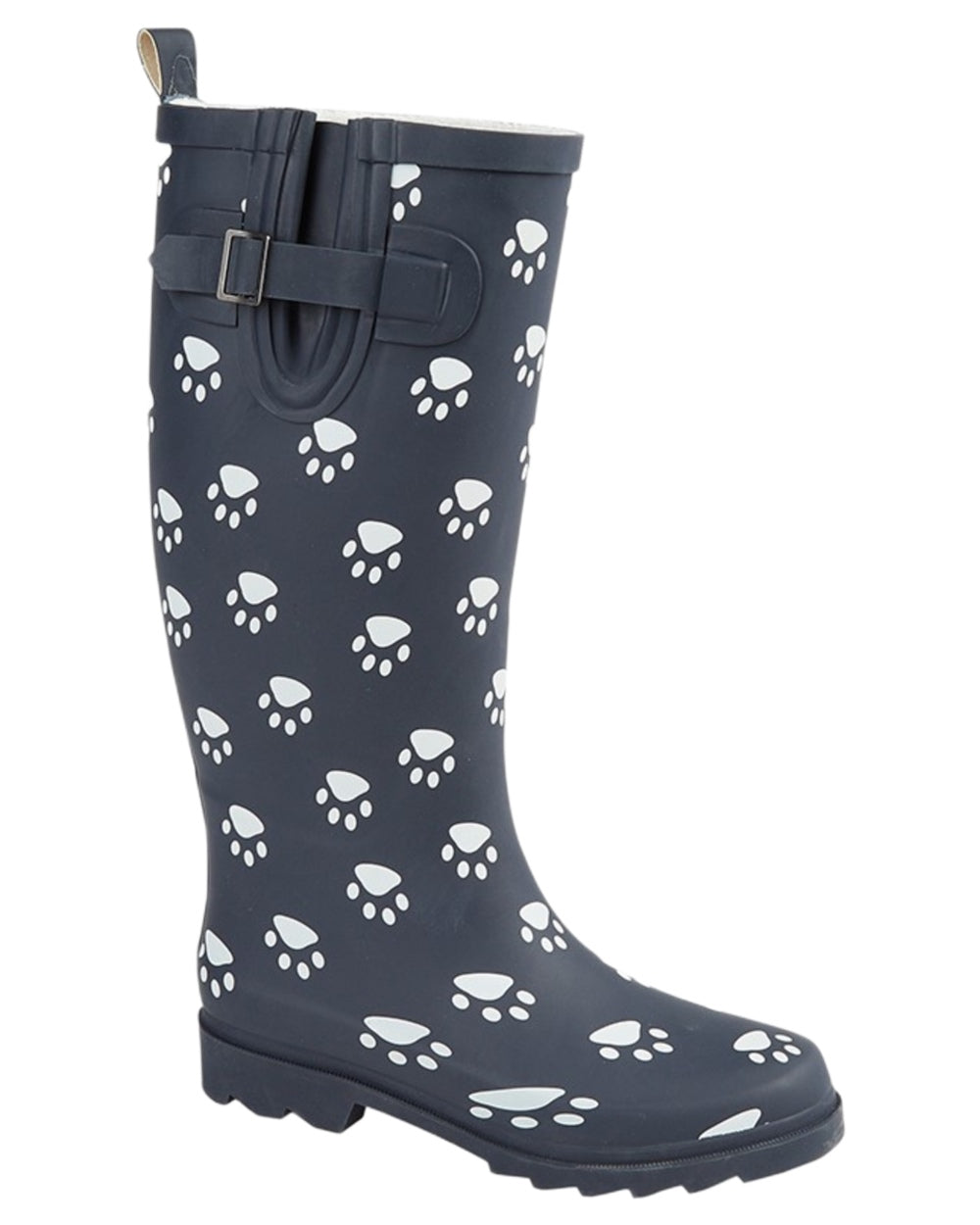 Navy Blue Paw Print coloured Stormwells Womens Printed Strap Wellington Boots on white background 