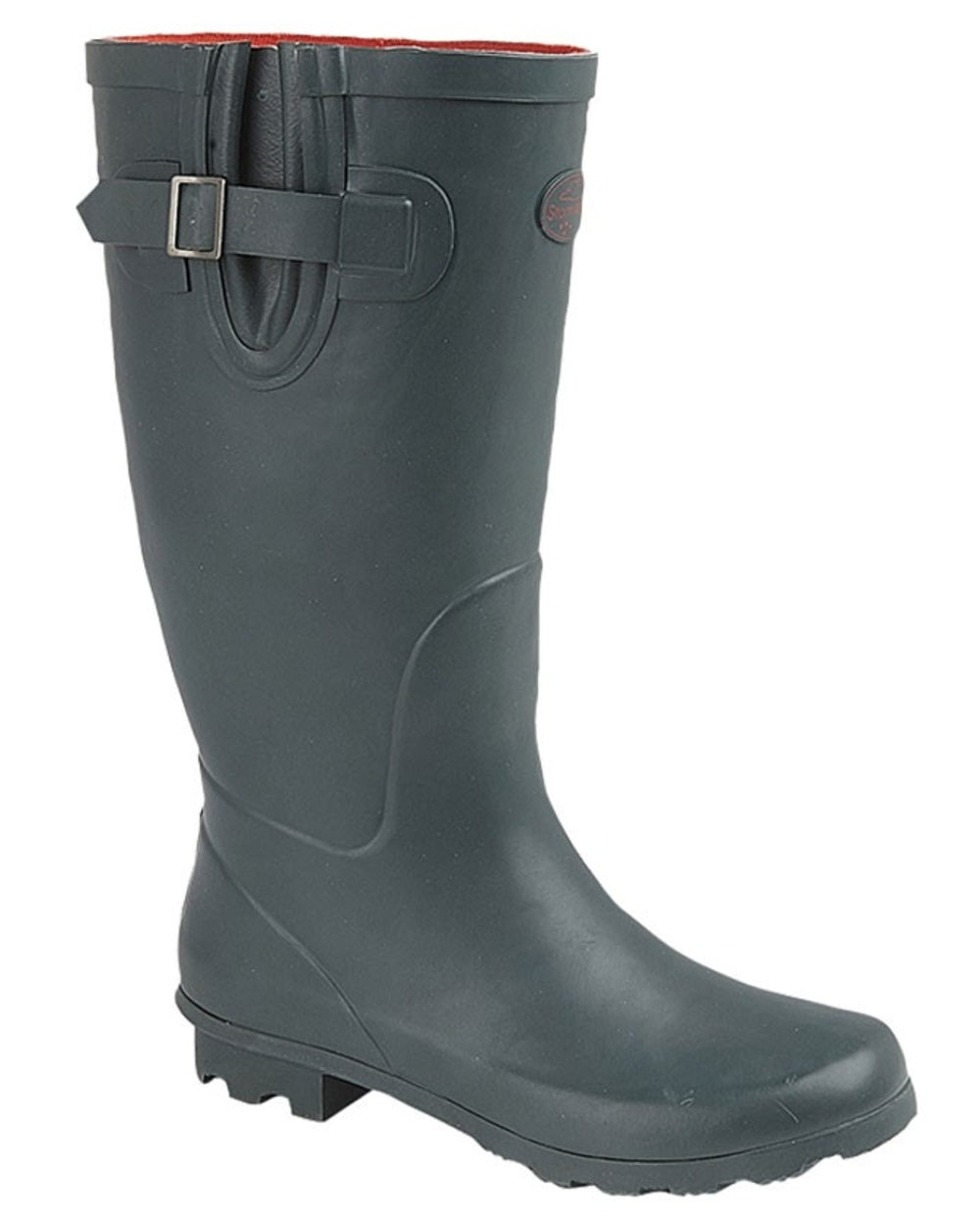 Green Red Trim coloured Stormwells Womens Strap &amp; V-Gusset Wellington Boots on white background 