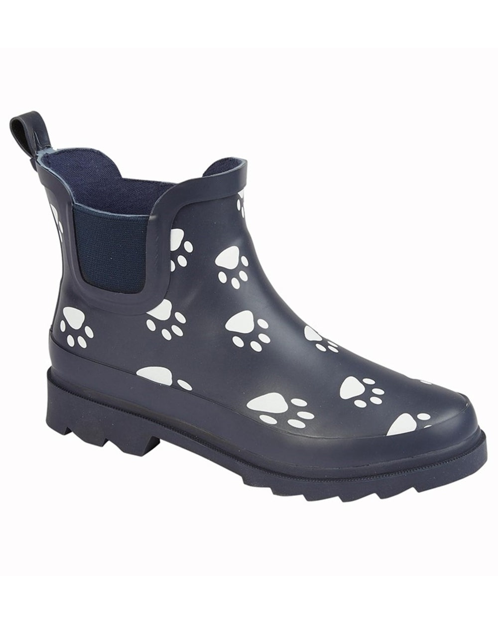 Navy Blue coloured Stormwells Womens Paw Print Ankle Wellington Boots on white background 